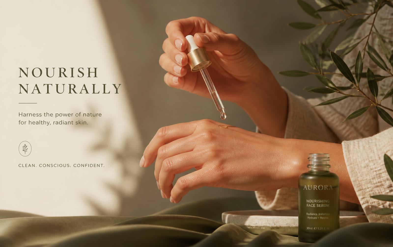 Ritual de skincare con serum y tonos cálidos