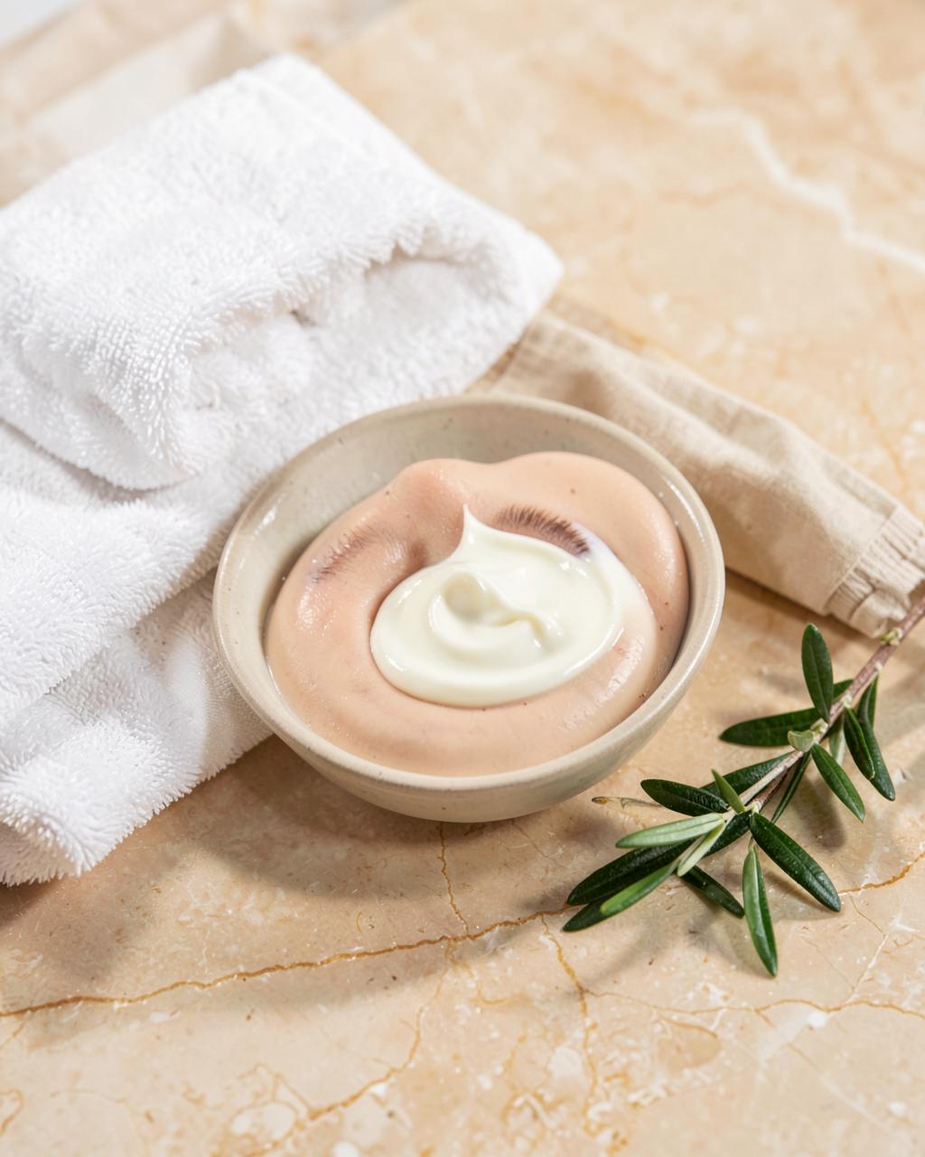 Detalle de tratamiento facial con toallas y crema